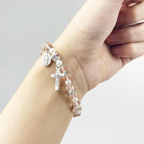 Women' Crystal Beads Rosary Bracelet Catholic Jewelry with Mini Cross Pendant and Virgin Mary Medal2