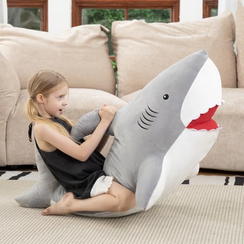 Image of MorisMos 51inch Giant Shark Stuffed Animal, Large Shark Plush Pillow, Giant Shark Plush Toy, Soft Ocean Animal Stuffed Animal Shark Pillow for Kids, Adults, Boys, Girls, Shark Lovers, Gray