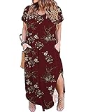 Kancystore Women's Plus Size Dresses Casual Loose Pocket Short Sleeve Slits Plus Size Long Maxi Dress XL-5X, Flower Wine Red, 4X-Large