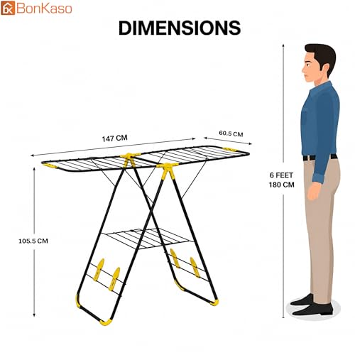 Image of BonKaso Premium Steel Foldable Cloth Dryer Stand | Heavy Duty Clothes Drying Rack with Arm Lock & Socks Holder | 147 x 60.5 x 105.5 cm | Black & Yellow