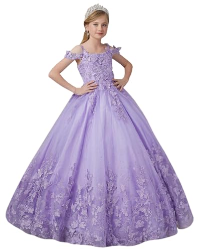 Girls Pageant Dress with Puffy Tulle Princess Off Shoulder Lilac Long Prom Ball Gown PT086