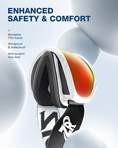 Zionor Lagopus Ski Snowboard Goggles Uv Protection Anti Fog Snow Goggles For Men Women Adult Youth Vlt 16% White Frame Mirrored Red Lens #TOP4