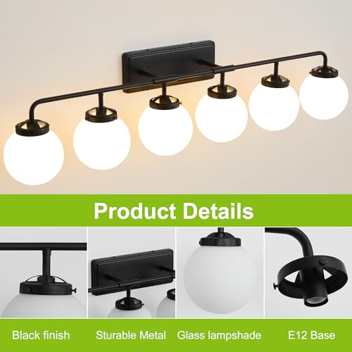 Image of Bathroom Light Fixtures 45.3in 6-Light Matte Black Vanity Lights for Mirror | Bathroom Lighting Fixtures over Mirror, ETL, Brushed Brass Wall Sconce, Dimmable E12 Base Max 60W, Milky Glass Ball Shades