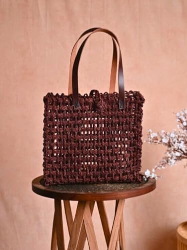 Image of KADAM HAAT Lunch Bag | Handmade Sabai Grass Bag for Lunch and Bottle | Tiffin Box Bag for School or Office and Picnic with Leather Handle (Brown)
