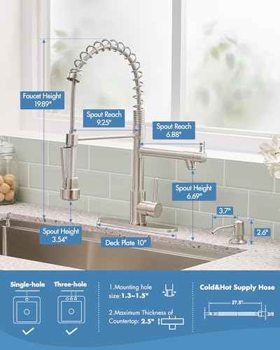 Image of AIMADI Kitchen Faucet with Soap Dispenser and Deck Plates, Brushed Nickel | Spring Single Handle Kitchen Sink Faucet with Pull Down Sprayer for Farmhouse Laundry Camper RV Bar,1 or 3 Hole