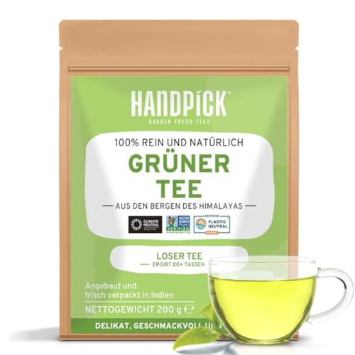 HANDPICK Hojas De Té Verde Del Himalaya (200g/ 7oz) | Verde Puro, 100% Cultivado En Zonas Altas Del Himalaya, Sin OGM | Bolsa Con Cierre Hermético Resellable | Té Indio Puro