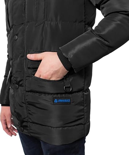Image of Mens Lightweight 3 /4 Long Down Parka Jacket Winter Zip Up Water-Resistant Fur Trim Black Melvin Hooded Puffer Coat (M), (712484)