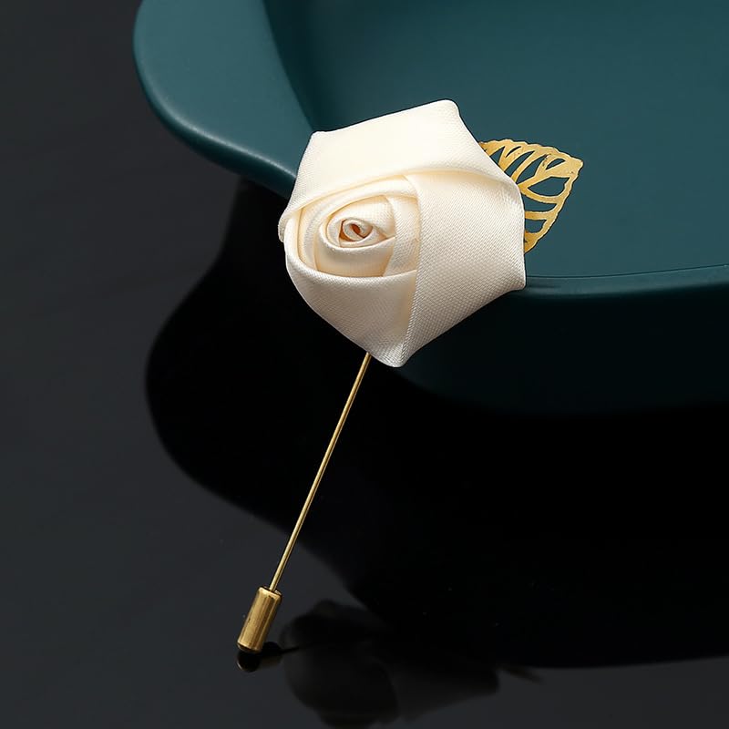 Image of Gentleman's Suit Flower Brooch Handmade Lapel Pin Boutonniere Stick Corsage Accessory Multicolor Rose Satin Tuxedo Groom Wedding Banquet Party