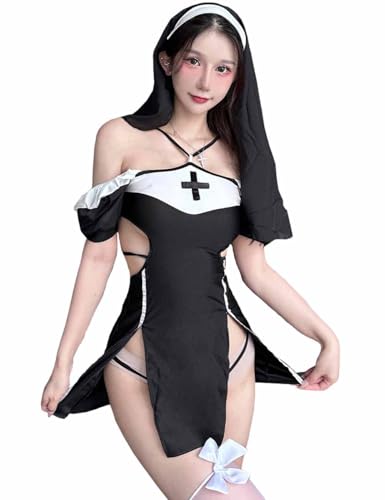 Oludkeph Disfraz de cosplay de monja para mujer, sexy, de diablo gótico, con diablo, para Halloween, lencería con sombrero de monja (negro, talla única)