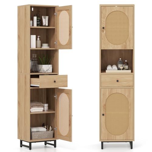 COSTWAY Badezimmerschrank Rattan, freistehender Hochschrank mit 2...