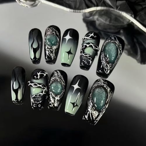 24Pcs Gothic Press on Nails Medium Coffin Fake Nails 3D Y2K False Nail with Star Irregular Silver Designs Black Green Gradient Glue on Nails Silver Metal Nail Tips Full Cover Dark Stick on Nail Set