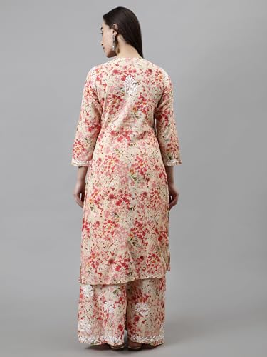 Image of Seva Chikan Hand Embroidered Lucknowi Chikankari Mal Mal Straight Printed Kurta & Palazzo Set for Women SCL8041