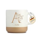 Personalisierte Gravur mit Namen - Tasse - mit Blumen - Geburtstag - Geschenk für Frauen - Anfangsbuchstaben - Wunschnamen - Beige