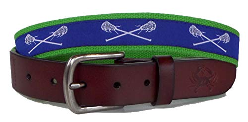Men's Royal Blue Lacrosse Leather Belt,Royal Blue Lacrosse Ribbon on Bright Green
