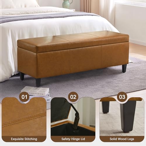 Image of HUIMO Faux Leather Storage Ottoman Bench 50.3 Inch Extra Long PU Upholstered Bedroom Bench with Large Storage Space for The Living Room, Entryway, Bedroom Hold Up to 300lbs (Light Brown)