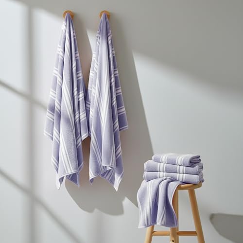 Image of Cortina Stripe Printed Towels for Bath (70 x 140 cm) 380 GSM Microfiber, Ultra Soft, Highly Absorbent & Quick Dry for Gym, Beach & Bathroom Towels for Men, Women & Kids (Purple Big Stripe)