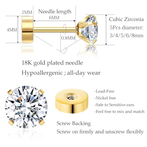 Image of SANNIDHI 5 Pairs Earrings for Women Flat Back Gold /Silver Cartilage Stud Earrings Cubic Zirconia 316L Stainless Steel Earrings - 3 4 5 6 8mm Hypoallergenic Nickel-Free