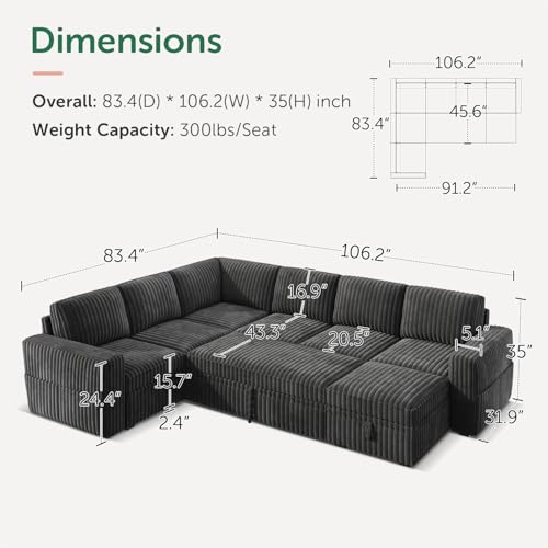 Image of HONBAY Modular Sectional Sleeper Sofa with Pull Out Bed,Corduroy U Shaped Couch with Storage, Sectional Couches for Living Room,Dark Grey