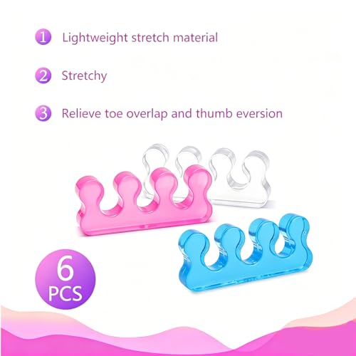Image of 6 Pcs Silicone Gel Toe Separators, Durable Toe Spacers for Bunion Relief, Improve Circulation, Support and Comfort Toes, Blue, Transparent, Pink (2 Pcs Each)