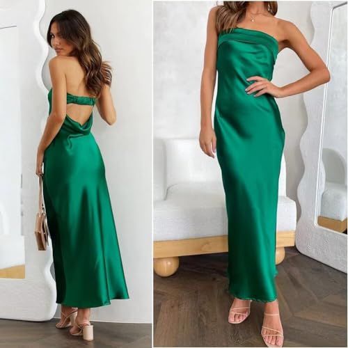 Image of Womens Strapless Satin Maxi Dress Backless Tube Dress | Strapless satin maxi dress with elastic back folded bust backless cut smooth drape and slim tube fit for events