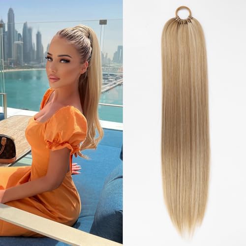 Ponytail Hair Extension For Women Long Braided Ponytail With Hair Tie Straight Wrap Around Braided Hair Extension Synthetic Hair Ponytail Extension 22inch(Golden Blonde Highlights)