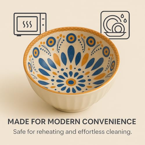 Image of 6-Piece Bohemian Porcelain Dinnerware Set | Assorted Decorative Bowls-4Pcs and Plates-2Pcs Set | Microwave & Dishwasher Safe | Blue & Yellow Mandala, Flora, Abstract & Mosaic Design
