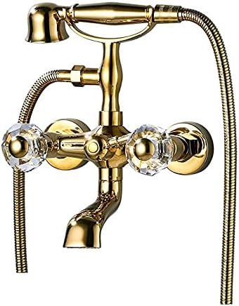GLJTUO Retro Style Brass Bathtub Shower Faucet Set Dual Knobs Wall Mounted Bathtub Mixer with Handshower and Swivel Tub Spout Tap,Antique Brass A,Golden A,Golden B