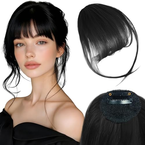 KEJOL Flequillo Clip de Cabello Humano, Postizo de Flequillo con Sienes, Extensiones de Cabello Natural para Mujer, Negro Natural