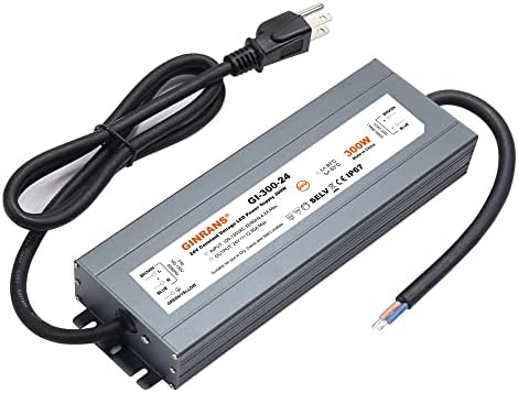 300W IP67 Waterproof Constant Voltage LED Driver Power Supply Transformer, 100-130V AC Universal Input with Plug, Output 24V DC 12.5A Max. for Outdoor LED Lighting