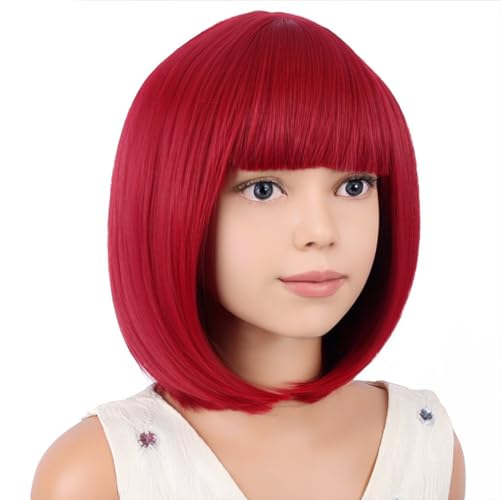 Image of PATTNIUM Kids Wine Red Wig Short Straight Bob Wig Dark Red Wigs for Girls Cosplay Party Synthetic Rose Net Daily Wear Wigs