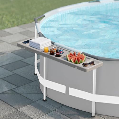 ECO POOLTECH Klappbarer Ablagetisch für Aufstellbecken 120 × 28 cm mit 5 Getränkehaltern für runde ovale und rechteckige Rahmenbecken inkl. Schutzabdeckung