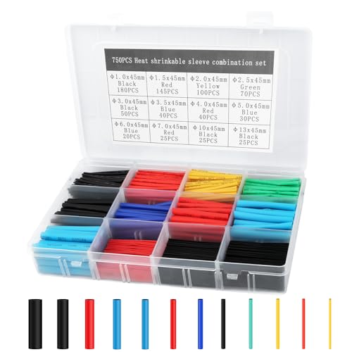 JOPHEK 750 Pcs de Tubo Termorretráctil 2: 1, Tubo Termoretractil para Cables, Poliolefina Tubo Termoretráctil Envoltura de Alambre 5 Color 12 Tamaño, para Protección el Cable, Prevenir la Corrosión