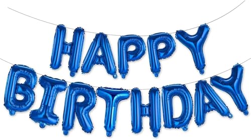 Image of Happy Birthday Balloons Banner Blue 16 Inch Mylar Foil Letters