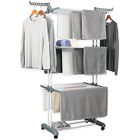 NYVI Wäscheständer LaundryFlex Grau - Wäschetrockner Turm mit Extra Viel Platz auf 6 Ebenen - Mobil, Flexibel, Ausziehbar - Wäscheturm aus Pulverbeschichtetem Stahl & Kunststoff Cover