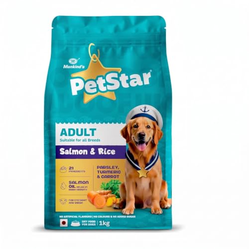 Image of Mankind Petstar Adult Dry Dog Food (High Protein) Salmon & Rice Flavor, 1kg Pack | Improves Muscle & Strength, Supports Immunity, Protects Liver & Kidney