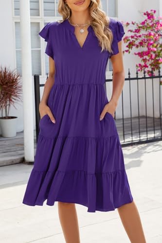 Womens Summer Dress Ruffle Sleeve V Neck Midi Dresses Casual Fit Flowy Tiered Boho Beach Vacation Sundress3