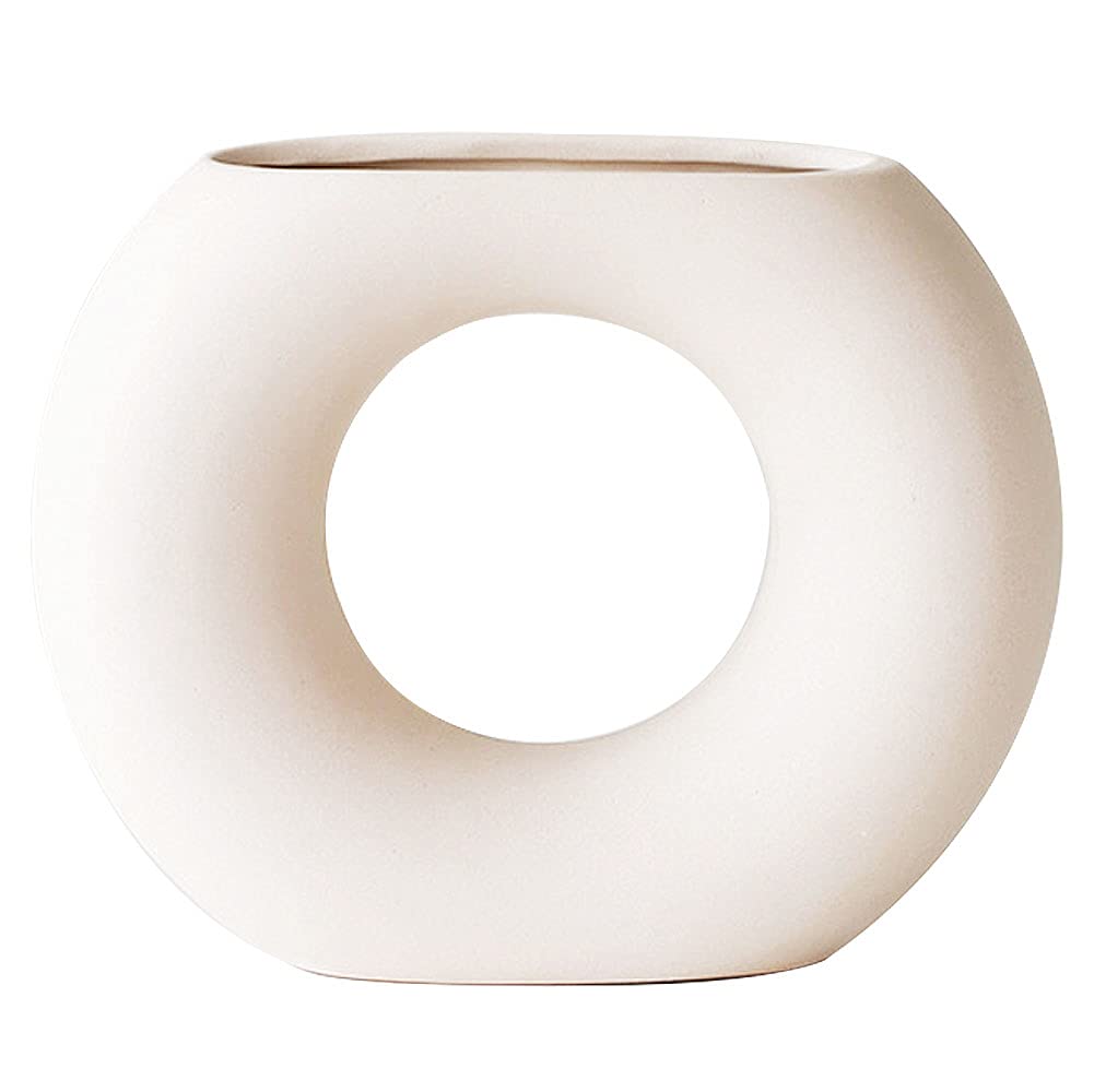 Circle Hollow Ceramic Vase, Korean Minimalist Style Home Decoration, Nordic Style Vase, for Living Room, Bedroom, Coffee Shop, Hotel - White