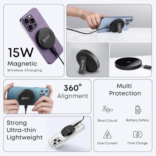 Image of pTron Dynamo Ring V2 15W Magnetic Wireless Charger, Compatible with iPhone 15 /14 /13 /12 Series, Samsung & Other Qi2 Enabled Devices, Compact & Sleek, 3A Type-C to Type-C 1m Cable Included (Ink Black)