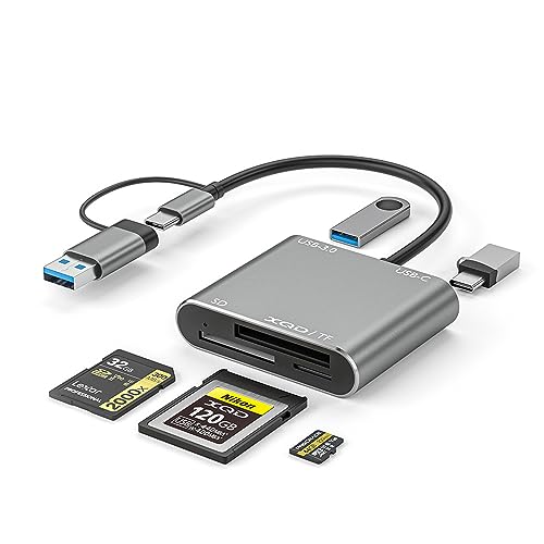 5-IN-1 XQD Card Reader USB C(10Gbps),SD/TF Dual-Slot Multiport External Card Reader USB Hub Compatible for Type-C Laptop, Support Windows/Mac OS/Android