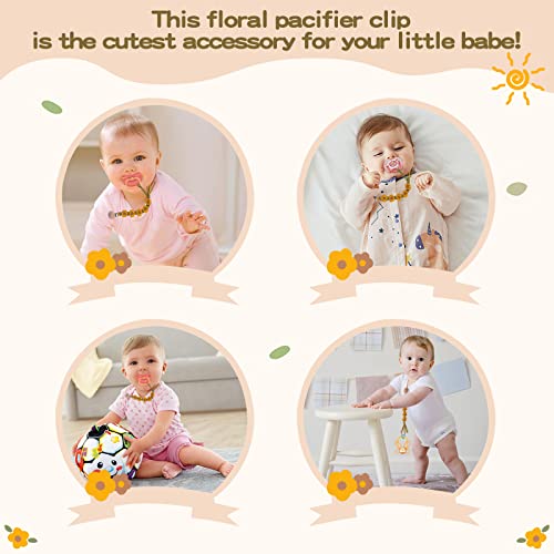 Image of Pacifier Clip for Boys Girls Flower Daisy Macrame Pacifier Holder Leash Boho Wooden Clips Handmade Braided Cotton Paci Clip Baby Shower Birthday Gift