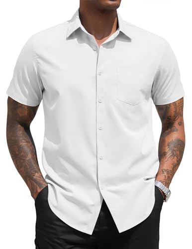COOFANDY Camisa Hombre Manga Corta Camisas de Verano Casual Regular Fit Camisas Trabajo Camisa Vestir con Botones Sin Planchado Antiarrugas Shirts Color Sólido Blanco M