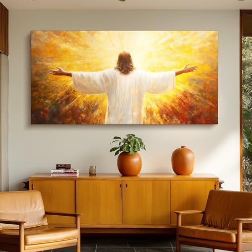 SERIMINO Jesus with Open Arms Wall Art, Christian Art Wall Decor for Serenity Prayer, Risen Lord in Radiant Glory Extra Large Paintings, Christ Grace Pictures for Living Room Church Prints 30"X60"