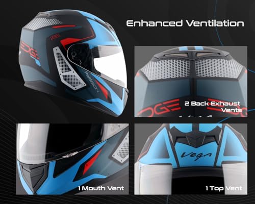 Image of Vega Edge DX Passion Full Face Motorcycle Helmet with Matte Shell, Shock Absorbing Liner, Comfortable Interior, Ventilated Fit, Aerodynamic Build, and Trendy Dull Black Blue Finish Dull Black Blue-L