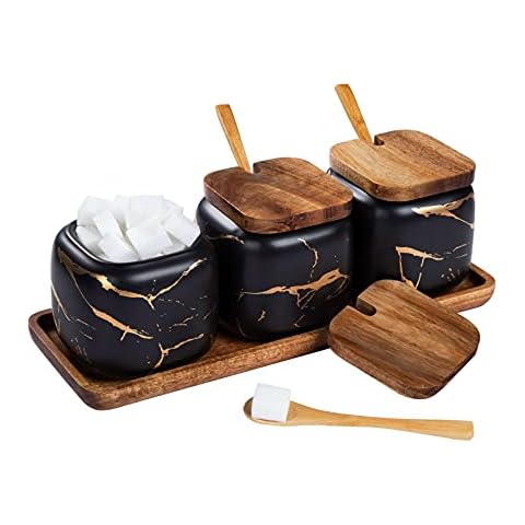 Lot de 3 pots à épices en céramique avec couvercle et cuillère en bambou Cover