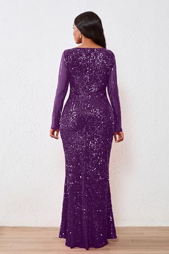 Image of VERWIN Women's Sequins Bodycon Round Neck Long Sleeve Sparkly Mermaid Maxi Dress for Casual Party Cocktail