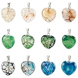 DICOSMETIC 12Pcs 3 Colors Dragon Veins Agate Pendants Heart Shape Gemstone Pendant Undyed Natural Stone Pendant with Stainless Steel Jewelry Clasp for Necklace Jewelry Making, Hole: 3x5mm