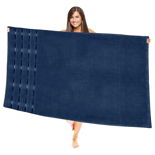 Image of Elegant Comfort 100% Turkish Cotton 4 Lines Viscose Stripe Jumbo Bath Towel - Hotel Spa Quality Extra Large 35 x 70 Inch Bath Towel Ultra Soft, Super Absorbent Quick Dry Large Bath Towel, Navy Blue