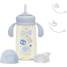 Marcus & Marcus PPSU Transition Straw + Rim Spout Bottle, 10 oz / 300 ML, with 2 Extra Silicone Straws, Made with BASF PPSU Imported from Germany, BPA, Phthalate, Toxin-Free Blue
