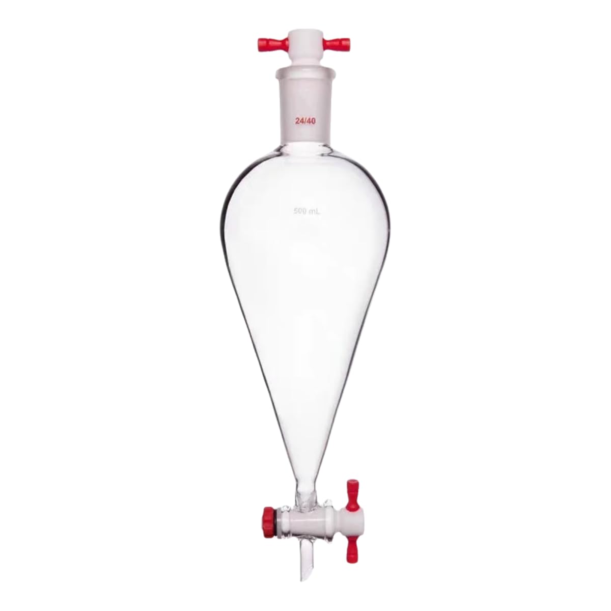 Embudo de separación de vidrio de borosilicato de pared gruesa - Junta 24/40 cónica en forma de pera con llave de paso y tapón de PTFE (1 unidad)(500ml)