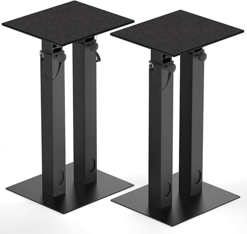 OUUTMEE Soportes de altavoces de altura ajustable con gestión de cables, juego de 2 soportes para altavoces de suelo con alfombrillas de EVA antideslizantes, soporte de altavoz de doble tubo para